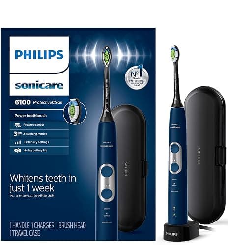 Philips Sonicare ProtectiveClean 6100 Rechargeable Electric Toothbrush, with Pressure Sensor, 3 Cleaning Modes, SmarTimer and QuadPacer, 14-Day Battery Life, Travel Case, Navy Blue, Model HX6871/49 - 1 Count (Pack of 1) - Navy Blue - Image 1