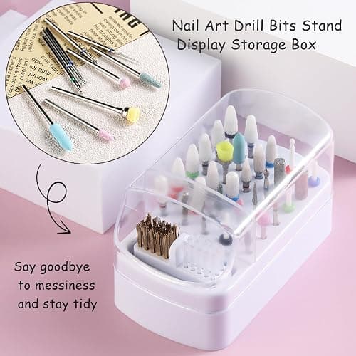FSpronail Nail Bit Holder & Nail Drill Bit Cleaner 2 in 1, 30 Holes Nail Drill Holder Organizer Nail Bit Brush Cleaner Drill Bit Holder for Nails Dustproof Stand Displayer Storage Box Tools-White thumbnail 3