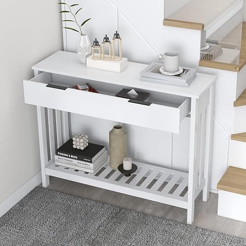 TaoHFE White Narrow Console Table with Storage Modern Wood Entryway Table with Drawer Hallway Table Sofa Tables for Living Room, Entrance Tables for Front Door Corridor, Office, White - White - with Drawer thumbnail 4