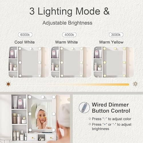 Small Vanity Desk with Mirror and Lights, Makeup Vanity Table with Power Outlet & Drawers & Shelves & Stool, Dressing Table Set for Bedroom, Adjustable Bulb Brightness Mini Vanity Set thumbnail 5