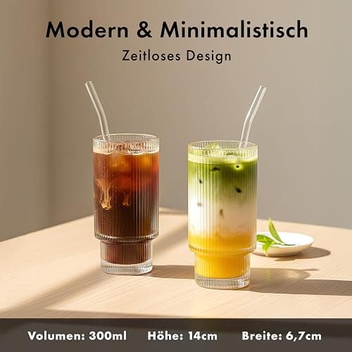EDELHAUS Gläser Set 4-teilig mit Strohhalm (300ml) - Geriffelte Cocktailgläser, Riffle, Ripple Aesthetic, Gin, Trinkgläser Set, Longdrinkgläser, Matcha Gläser thumbnail 2