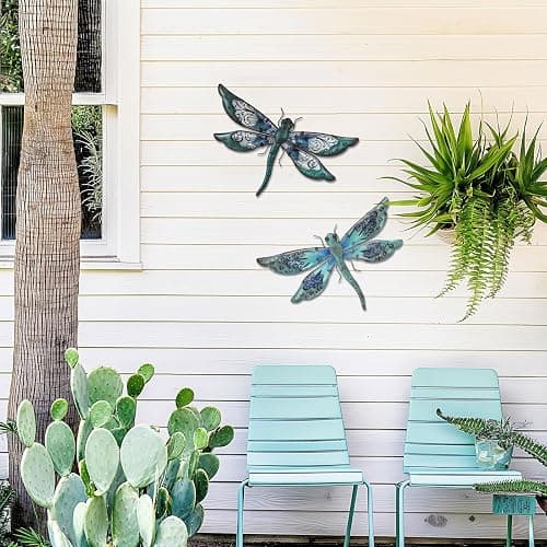 LIFFY Glass Metal Dragonfly Wall Decor Pair - Outdoor Wall Art for Garden and Home - Hanging Decor Gifts for Women, Light Blue thumbnail 4