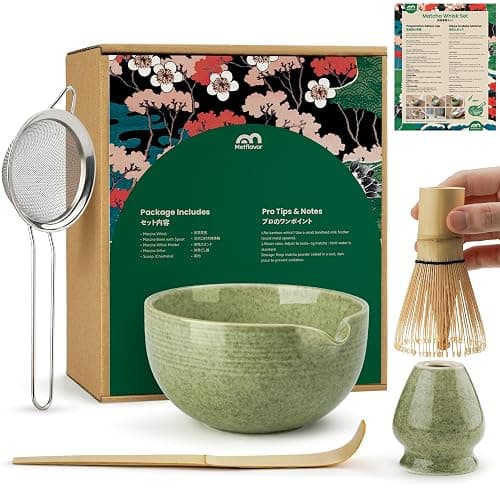 Matcha Whisk Set, Handcrafted Bamboo Chasen & Ceramic Bowl Matcha Kit, Complete 5 Pcs Matcha Set Whisk and Bowl W/Stainless Steel Sifter, Bamboo Scoop & Holder for Matcha Tea Ceremony (Mottled Green) - Image 1