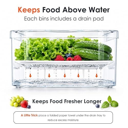 SMRCAD Clear Fridge Bins with Drain Trays - BPA-Free PET, Stackable (8) | 8 Pack: 1 Drawer + 7 lidded Bins, Helps Keep Produce Fresh, 18.3L Capacity, Hand Wash Only thumbnail 4