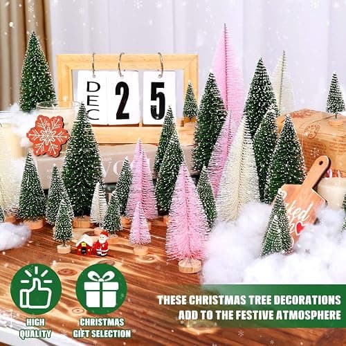 30Pcs Mini Christmas Trees Artificial Christmas Tree Bottle Brush Trees with Wooden Base for Christmas Decor Christmas Party Home Table Craft Decorations(Green+Beige+Pink) thumbnail 2