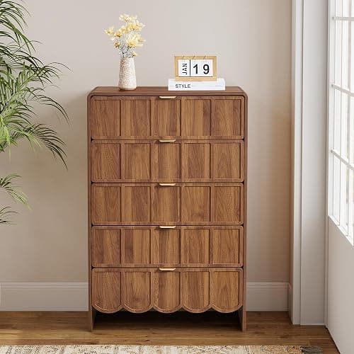 ORRD 5 Drawer Dresser for Bedroom, Modern Closet Chest of Drawers with Wave Fluted Drawer, Wood Storage Small Dresser Organizer for Nursery Bedroom Living Room Hallway Closet (Walnut) thumbnail 8