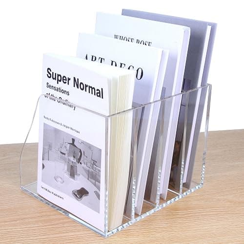 AIMOLLY Acrylic Magazine File Holder, 4 Vertical Compartments Desk Document Sorter Organizer, Clear Folder Rack Binder for Office/Home/Classroom, for Documents, Tablet, Magazines, Books & Accessories thumbnail 2