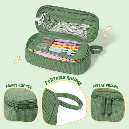 SUNEE Cute Pencil Case, Large Capacity Pencil Pouch, Soft Corduroy Pencil Bag, Big Storage Pen Organizer for Stationery, Aesthetic Zipper Pencil Box, Back to School Supplies for Teen Girls Boys, Green thumbnail 7