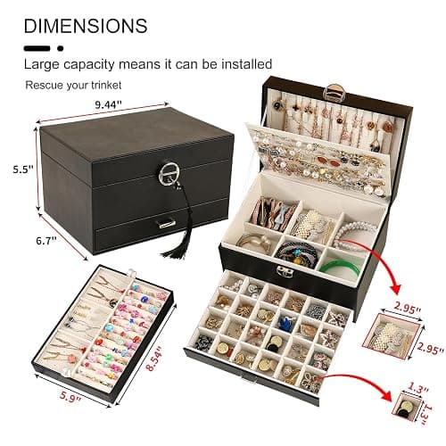 BOOVO Earring Jewelry Box For Women Girl Stud Organizer, 5 Layers Girl Jewelry Organizer Box With Lock Earring Holder Organizer Necklace Ring Jewelry Organizer Box For Girls (Black) thumbnail 3