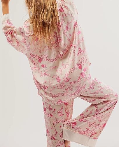 AINAC Women Satin Pajamas Set 2 Piece Western Cowgirl Silk Pjs Long Sleeve Floral Pjs Wide Leg Pants Button Down Loungewear thumbnail 4