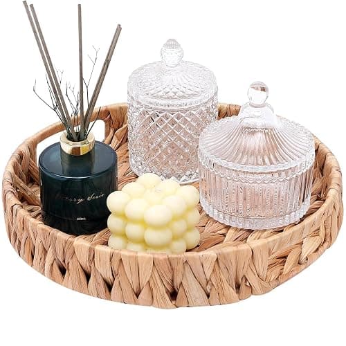 Round Woven Coffee Table Ottoman Tray with Handles - 11.8" x 1.9" Water Hyacinth Wicker Serving Tray, Decorative Storage Basket for Home & Kitchen. thumbnail 7