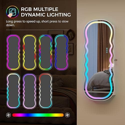 Lvifur RGB Lighted Mirror Jewelry Cabinet,LED Wavy Wide Mirror with Storage, Wall or Door Mounted Jewelry Organizer with Interior Mirror,Lockable Jewelry armoire,Gift Ideal thumbnail 7