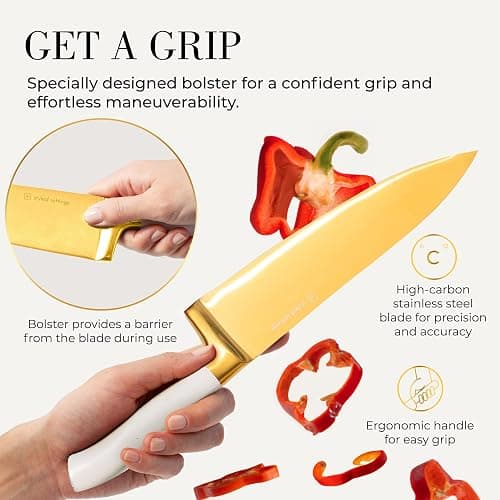White and Gold Knife Set with Block - 14-Piece White Knife Set with Block and Built-In Sharpener – Titanium-Coated High Carbon Stainless Steel Blades - Gold Kitchen Accessories - Great for Gifting thumbnail 6