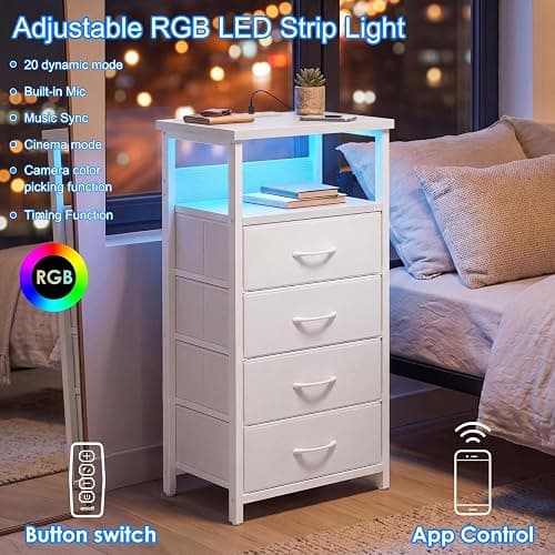 Fixwal Night Stand with Charging Station, White Led Nightstand, 4 Drawers | fabric drawer, built-in bedside charger, 2 AC outlets & 2 USB ports, open top shelf, bedroom furniture, end table thumbnail 4