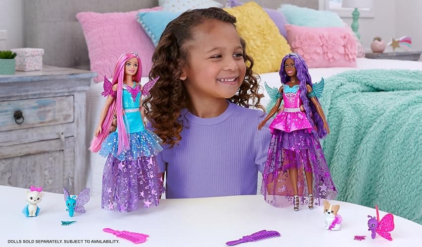 Barbie A Touch of Magic Fashion Doll, Brooklyn with Wing-Detailed Dress, 7-inch Long Colorful Hair, 2 Fantasy Pets & Accessories thumbnail 2