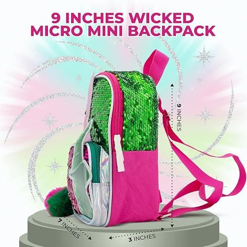 AI ACCESSORY INNOVATIONS Wicked 9” Micro Mini Backpack Purse Featuring Glinda & Elphaba 3D Character Patches, Shiney Sequins, & Pompom Dangle thumbnail 4