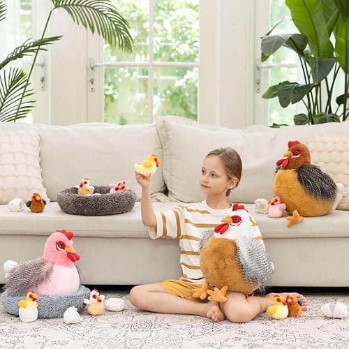 MaoGoLan 8Pcs Chicken Stuffed Animals, Stuffed Laying Hen Chicken Plush Toys with 3 Babies Chickens and 3 Eggs,1 Nest House Plush Set, Cute and Soft Farm Stuffed Animals Gift for Kids,Girls,Boys,Pink thumbnail 2