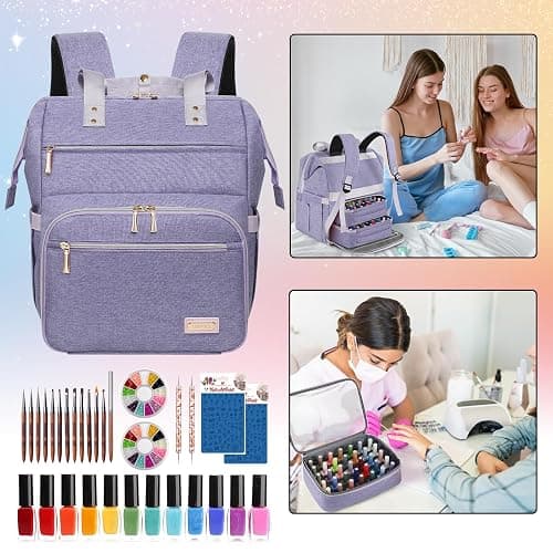 Nail Polish Organizer Case Backpack Holds 70 Bottles (15ml/0.5fl.oz) & Nail Lamp, 2 Layers Detachable Nail Kit Storage Case, Large Travel Nail Supplies Shoulder Bag for Manicure Tools (Purple) thumbnail 7