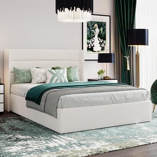 SHA CERLIN Full Size Lift Up Storage Bed/Velvet Upholstered/Modern Wingback Headboard/Upholstered Platform Bed Frame/Hydraulic Storage/No Box Spring Needed/White thumbnail 6