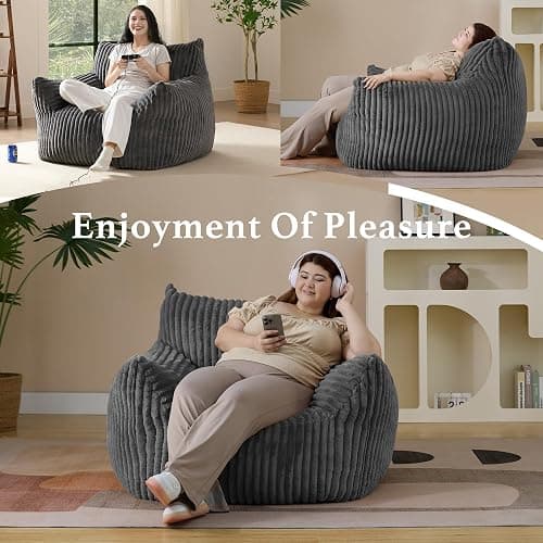 Giant Plush Bean Bag Chair for Adults with Armrests - Oversized Comfy Grey Beanbag Lounge Lazy Floor Sofa Accent Chair for Living Room, Bedroom & Dorm, Cozy Fluffy Single Cloud Mini Couch thumbnail 5