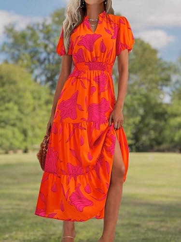 MASCOMODA Summer Maxi Dresses for Women 2025 Casual V Neck Puff Short Sleeve Smocked Flowy Beach Boho Long Floral Dress thumbnail 6