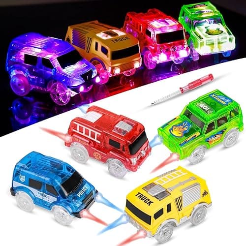FancyWhoop Tracks Cars Replacement Only - Light Up Magic Cars for Tracks Compatible with Glow in The Dark Toy Cars with 5 LED Flashing Lights for Most Race Tracks Only Toy Car Accessories (4 Pack) - Image 1