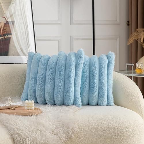 Neelvin Blue Faux Fur Cozy Soft Striped Decorative Throw Pillow Covers 18x18 inch Set of 2,Velvet Pillowcase Cushion Case for Sofa Couch - Image 1