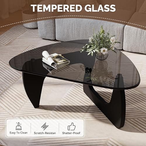 Daluvenix Modern Glass Coffee Table, Triangle Center Table with Tempered Glass Top& Unique Wooden Base, 42.5” Mid Century Tea Tables for Living Room, Apartment, Office,Black & Grey thumbnail 4