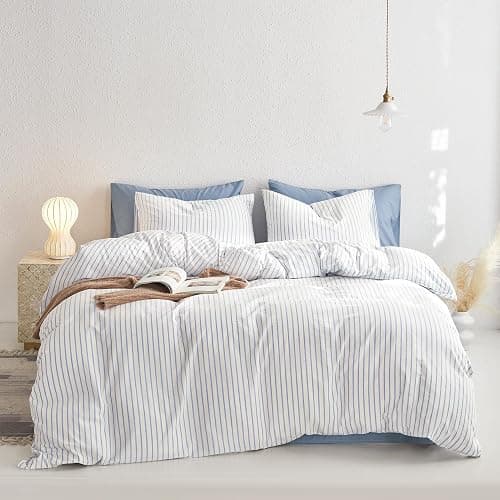Wake In Cloud - Striped Cotton Duvet Cover Set, Ticking Stripe Vertical Pinstripe Farmhouse, 100% Washed Cotton Textured Percale Bedding Set, 3 Pieces, Blue White, Twin Size thumbnail 2