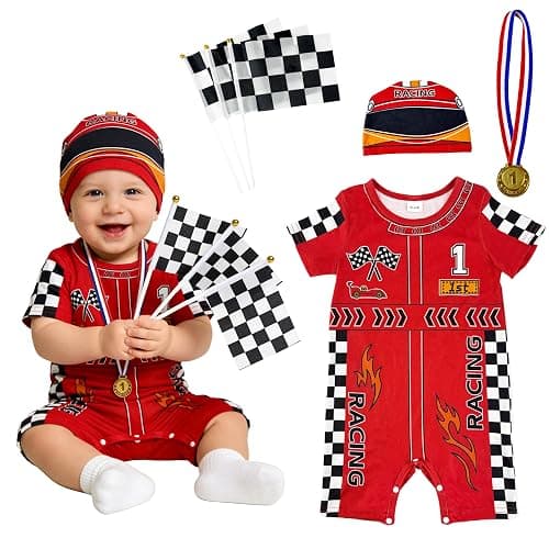 IOFUNOFAN 6pcs Fast One Birthday Outfit Boy, Race Car Driver Costume Toddler First Birthday Outfit Baby 1st -Romper 0-2T - Image 1