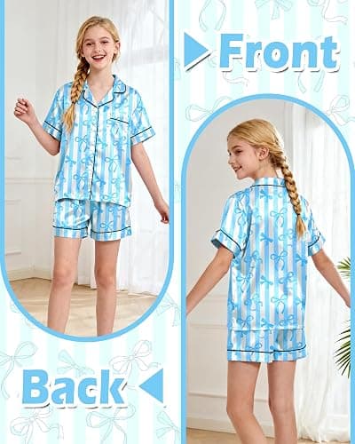 Sylfairy Girls Pajamas Silk PJS Set Bow Satin Sleepwear Short Sleeve Jammies for Kids Button-Down Nightwear size 7-8 10-12 thumbnail 3