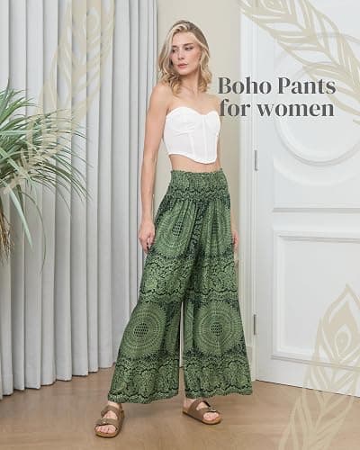Boho Pants Palazzo Pants for Women with Pockets| Wide Leg high Waisted Flowy Pants for Women | Summer, Cruise, Vacation thumbnail 5
