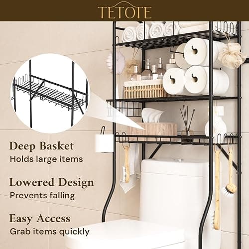 TETOTE Over The Toilet Storage Rack, 3-Tier Bathroom Organizer Shelf Over Toilet with Toilet Paper Roll Holder, Freestanding Metal Rack, Black thumbnail 6