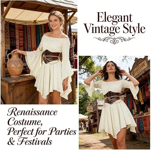 SVMVVGW Renaissance Costume Women Pirate outfit Ren Faire Dress Off Shoulder Bell Sleeve Arm chain Waist Belt waist chain thumbnail 4