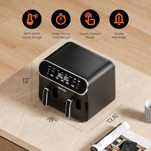 Topzee Dual Basket Air Fryer 8QT – Family Size Air Fryer with Dual Independent Zones, 8 Cooking Presets, Simultaneous Finish Mode, Viewing Windows, 90–400°F, Low-Oil Cooking, Black thumbnail 2