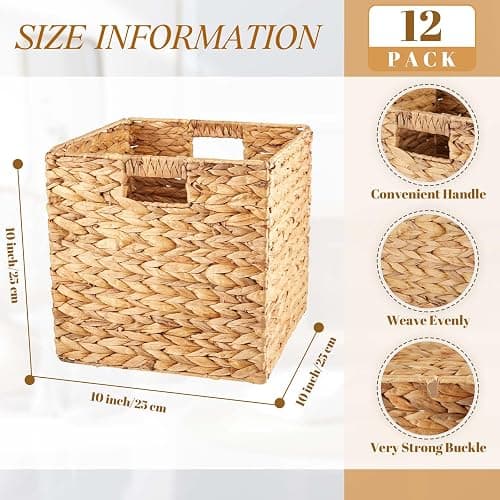 Jinei 12 Pcs Water Hyacinth Storage Baskets 10"x10"x10" Wood Color | Handwoven Wicker Bins with Handles, Wicker Cube Baskets Bulk for Shelves Organizer Laundry, Closet Bedroom thumbnail 2