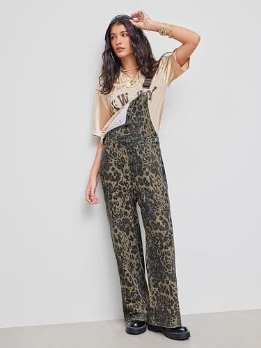 CIDER Overalls for Women Denim Leopard Pocket Buckle Up Wide Leg Jumpsuit thumbnail 3