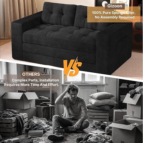 Gizoon Convertible Loveseat Sleeper Sofa Bed, 59'' Folding Floor Couch with Pillows & Memory Foam Sofa for Small Spaces, Corduroy Pull Out Couch for Apartment Living Room, Black thumbnail 8