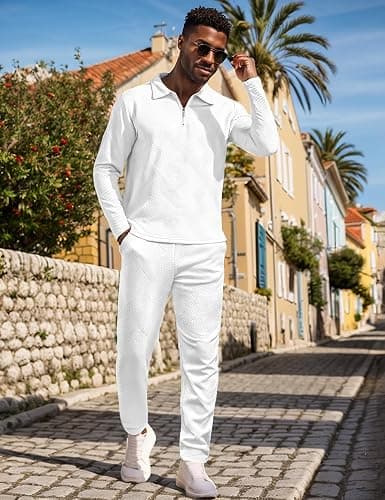 UOUA Mens 2 Piece Set Casual Outfits Polo Long Sleeve Shirt & Pants Track Suit Loungewear Athletic Sweatsuit thumbnail 2