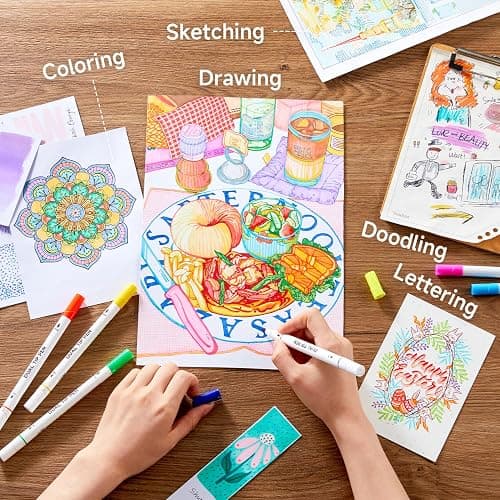 Shuttle Art Dual Tip Brush Marker Pens, 105 Colors Fine and Brush Tip Markers Set in Portable Case with 1 Coloring Book for Kids, Water-based Ink Adult Artist Coloring Calligraphy Journal Doodling thumbnail 8