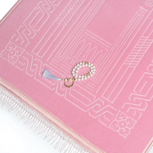 YAZEIN Muslim Prayer Rug with Tasbih Prayer Beads, Soft Large Prayer Matt Islam, Padded Islamic Prayer Mat Thick for Men and Women, Janamaz, Sajadah (31.5" x 47.2", Pink) thumbnail 4