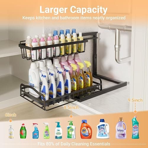 AceMining Under Sink Organizer, 2 Pack Pull-Out Under Cabinet Organizer, 2 Tier Under Sink Storage with Sliding Basket, L-Shaped and Adjustable Height Design for Kitchen and Bathroom thumbnail 7