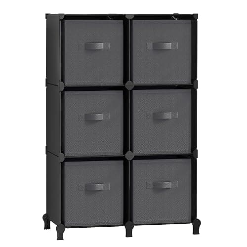 SONGMICS Cube Storage Organizer with Storage Boxes, 6-Cube Organizer, 6 Collapsible Non-Woven Fabric Bins, Customizable, Space-Saving, Living Room, Ink Black and Dove Gray ULPC062B01 - Image 1