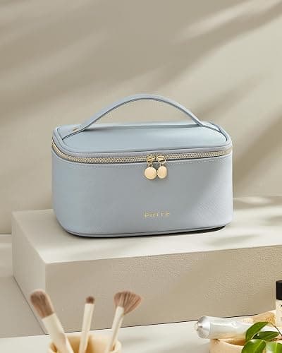 Prite Makeup Bag Portable Cosmetic Organizer with Brush Holder Waterproof Travel Toiletry Bag for Women with Handle and Divider (Blue) | Large Capacity, Portable, Travel, Waterproof, with Handle, with Divider, Blue thumbnail 2
