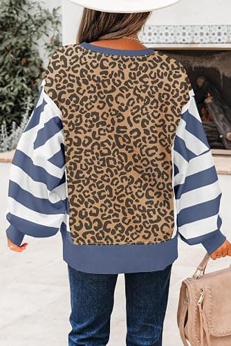 Mazulun Striped Leopard Sweatshirt for Women Color Block Patchwork Drop Shoulder Side Slit Pullover Shirt Tops thumbnail 4