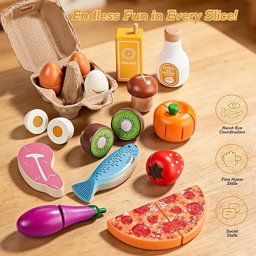 LAUGIGLE Wooden Play Food Sets for Kids Kitchen, Montessori Toy Food with Pizza Toy, Easter Eggs, Pretend Food Play Kitchen Accessories, Cutting Fake Food with Canvas Tote Bag, Birthday Christmas Gift thumbnail 8