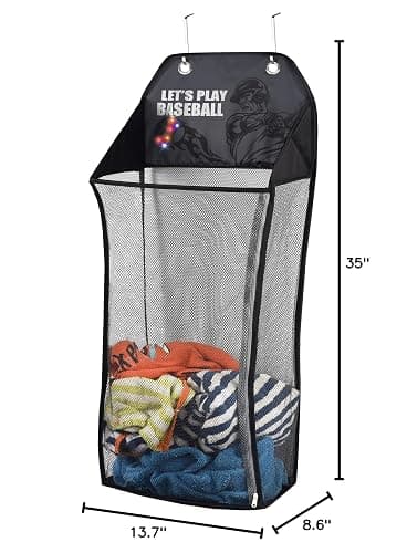 Store & Score Over The Door Hanging Kids Fun LED Baseball Light-Up Collapsible Mesh Laundry Hamper Basket, Toy Chest, Heavy Duty Metal Hooks Included. Patent Pending thumbnail 2