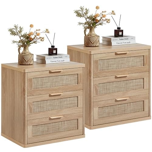 LEYAOYAO Rattan Night Stand Set of 2 with Drawers, 23" Large 3 Drawer Boho Nightstand, Natural Wood Bedside Table Storage Cabinet, Bed Side End Tables Dresser for Bedroom, Living Room, Hallway, Closet - Image 1