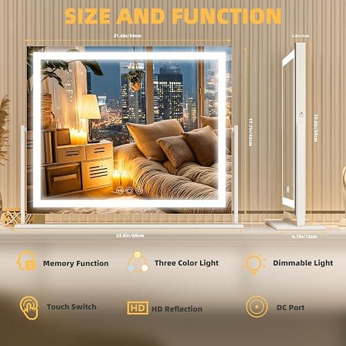 Batuso Vanity Mirror with Lights, 24'' x 20'' Lighted Makeup Mirror, Touch Screen with 3-Color Lighting, Dimmable for Vanity Desk Tabletop Square White thumbnail 2