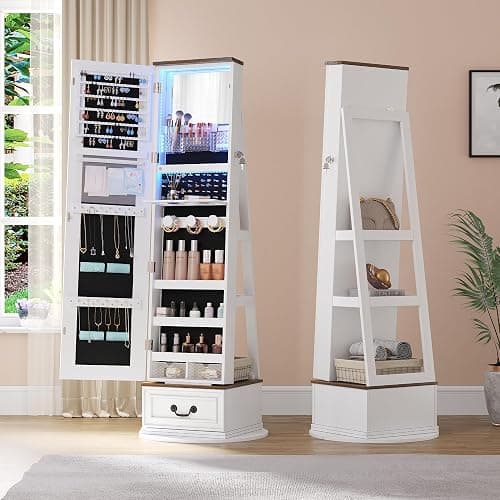 360°Swivel jewelry organizer with Full Length Mirror with Lights,Jewelry Armoire Cabinet Standing with Drawers,Large Mirror Storage for Jewelry and Makeup,Best Gift for Mom,Wife & Girls（White） - Image 1